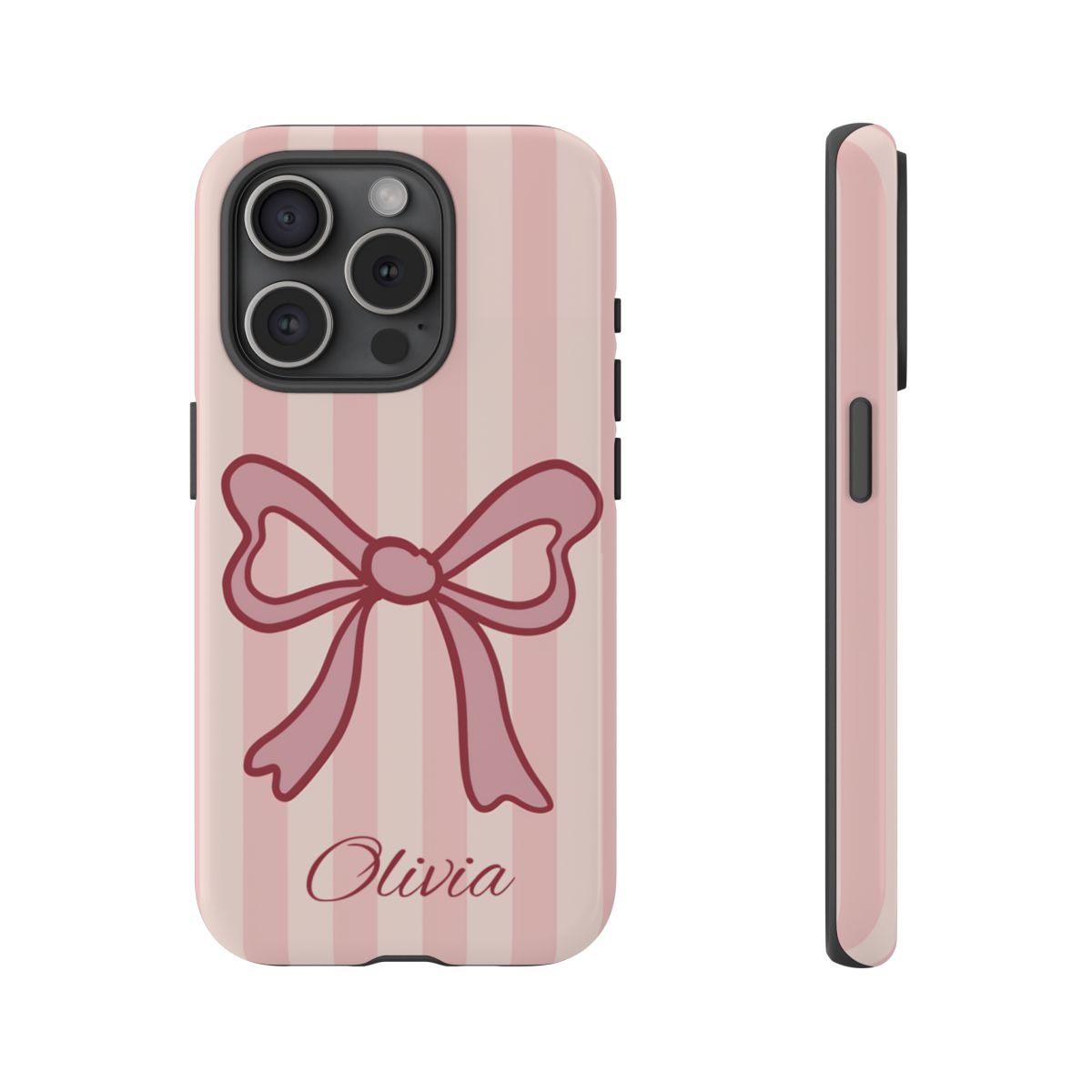 Personalized Pink Bow Phone Case – Soft Pastel Striped Coquette Aesthetic