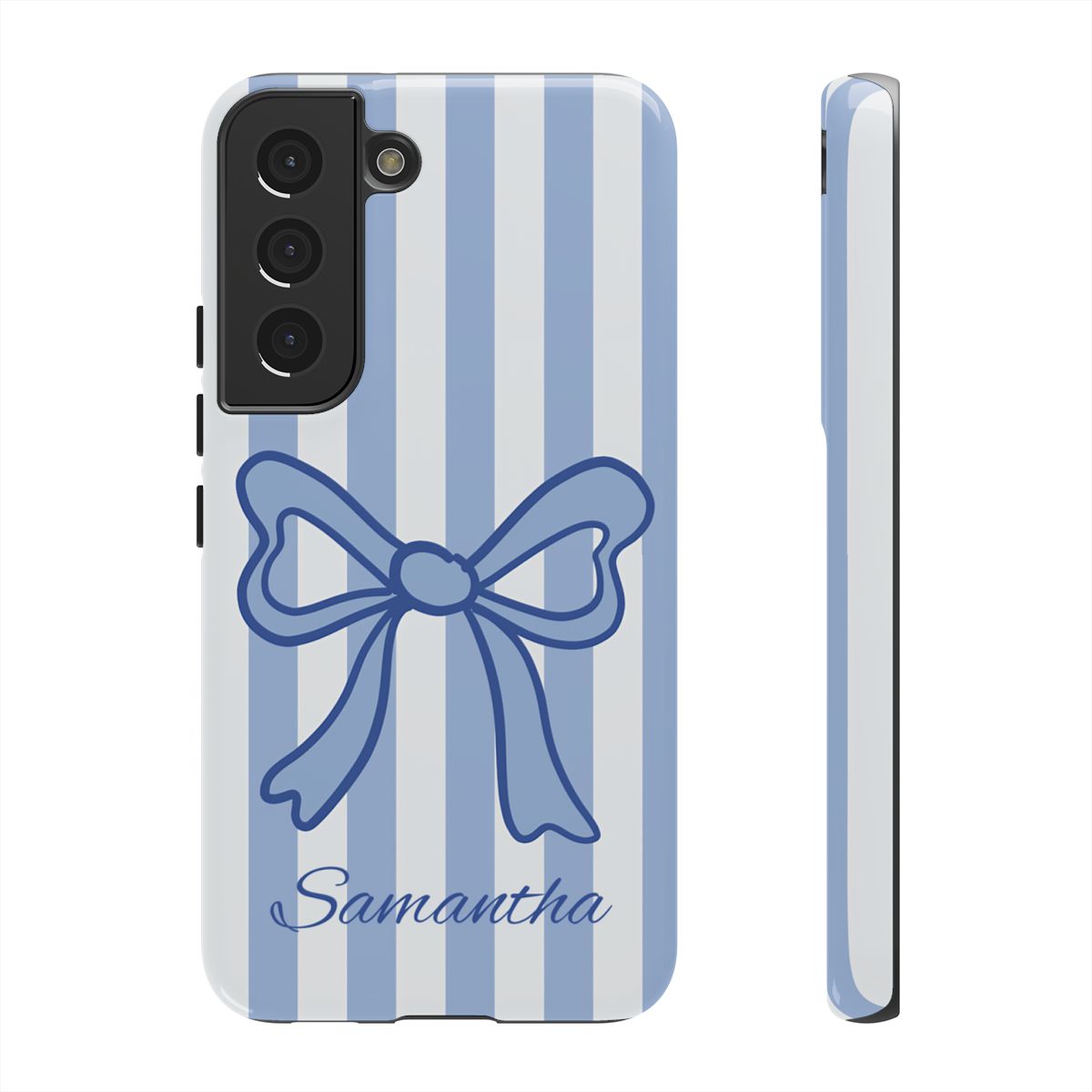 Personalized Coquette Bow Phone Case – Blue Striped Preppy Ribbon Aesthetic