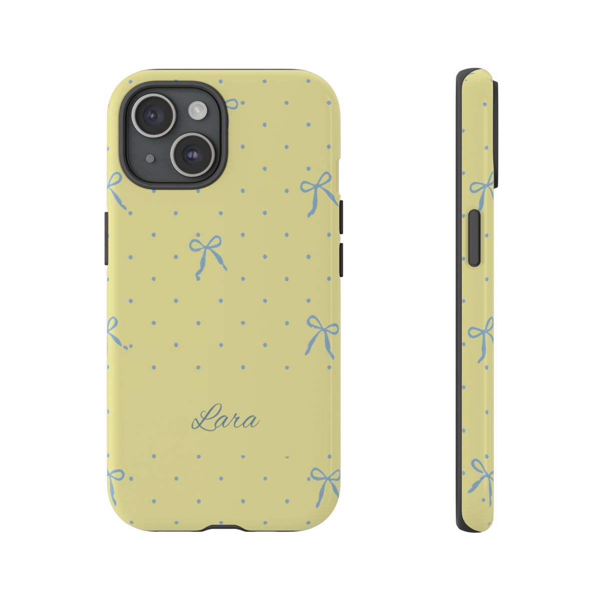 Personalized Yellow Bow Phone Case – Custom Name Blue Polka Dot Aesthetic