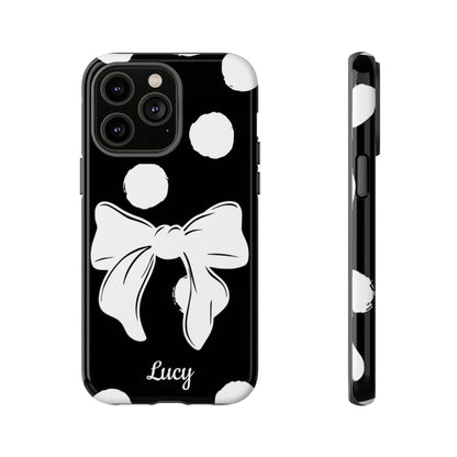 Personalized Black Polka Dot Bow Phone Case – Custom Name Coquette Retro Aesthetic