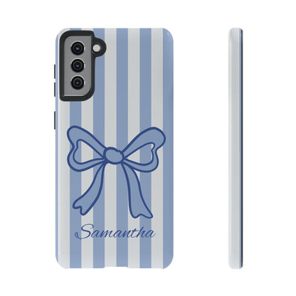 Personalized Coquette Bow Phone Case – Blue Striped Preppy Ribbon Aesthetic