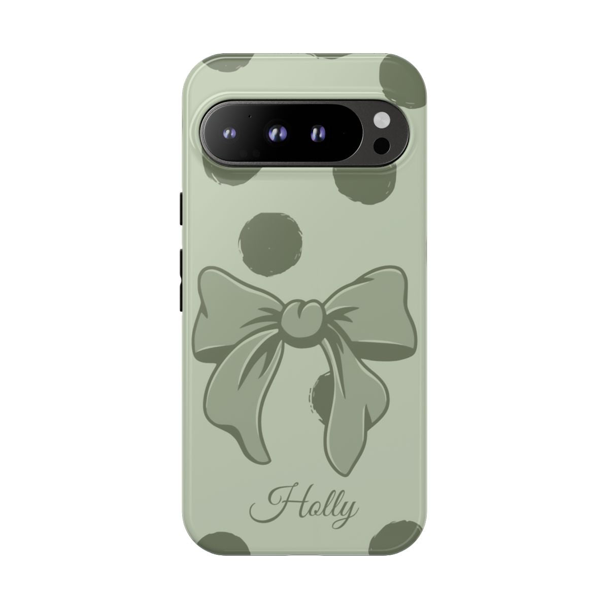 Personalized Sage Green Polka Dot Bow Phone Case – Custom Name Coquette Aesthetic