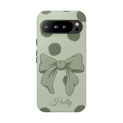 Personalized Sage Green Polka Dot Bow Phone Case – Custom Name Coquette Aesthetic