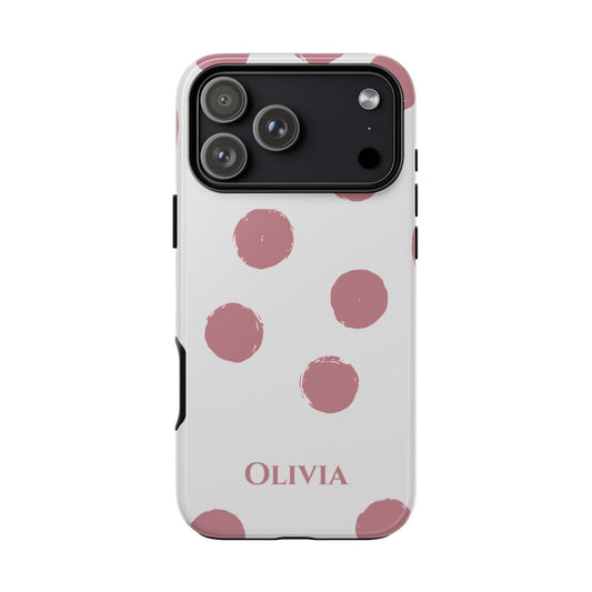 Pink polka dot phone case with custom name on white background