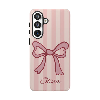 Personalized Pink Bow Phone Case – Soft Pastel Striped Coquette Aesthetic