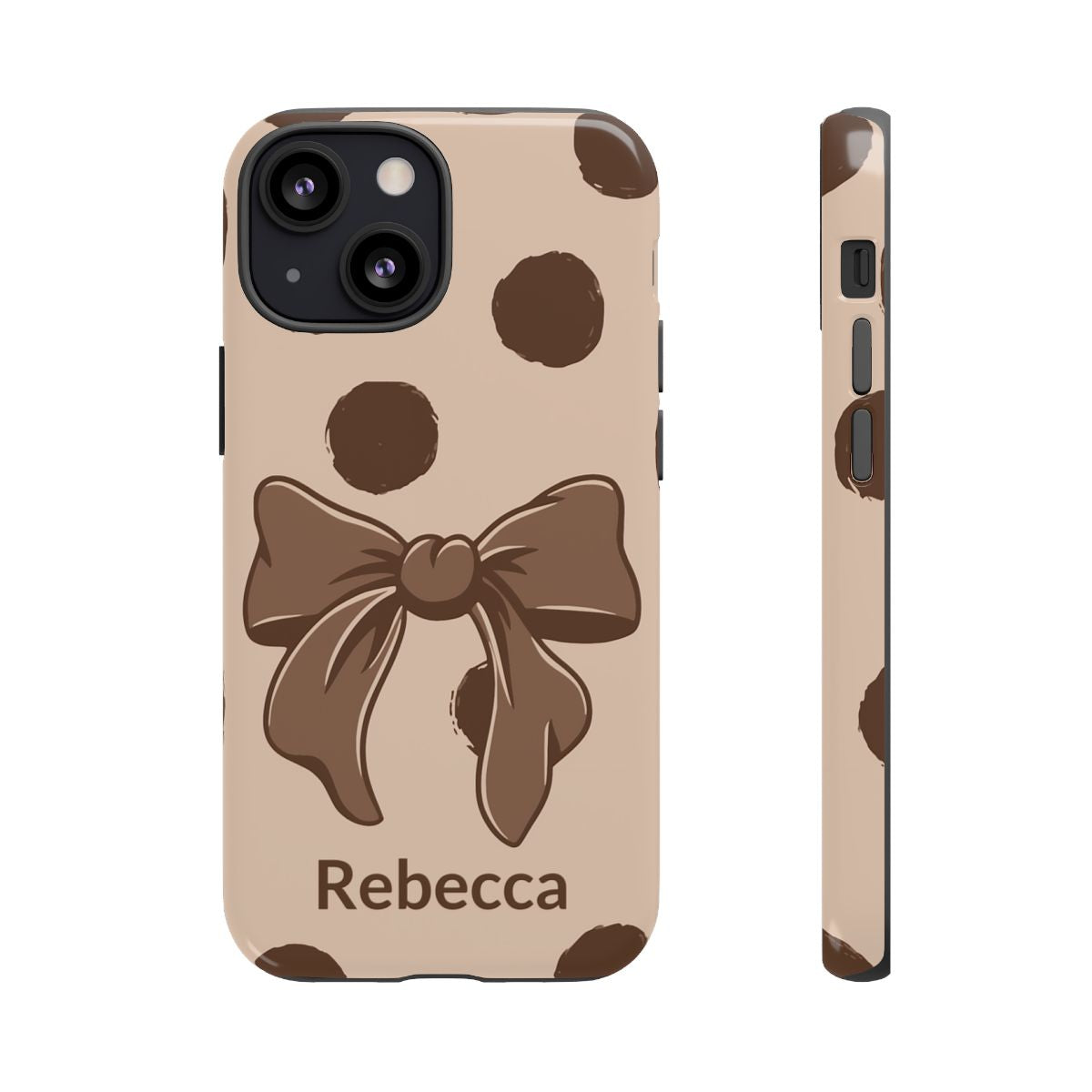 Personalized Brown Polka Dot Bow Phone Case – Custom Name Coquette Retro Aesthetic