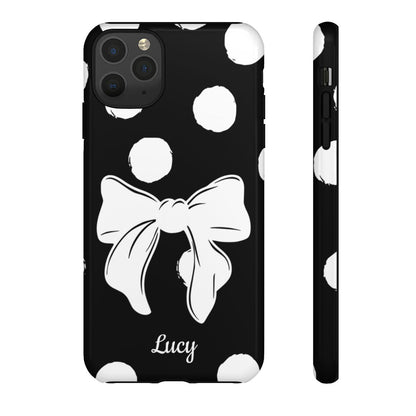 Personalized Black Polka Dot Bow Phone Case – Custom Name Coquette Retro Aesthetic