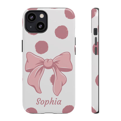 Personalized Pink Polka Dot Bow Phone Case – Custom Name Coquette Aesthetic