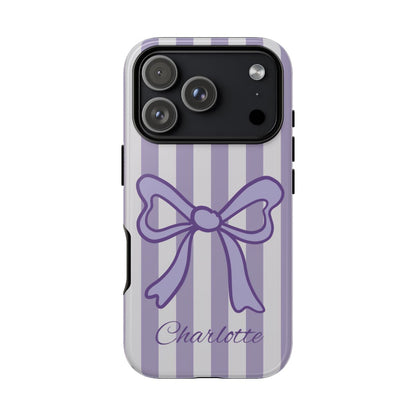 Personalized Lavender Bow Phone Case – Purple Striped Coquette Ribbon Aesthetic