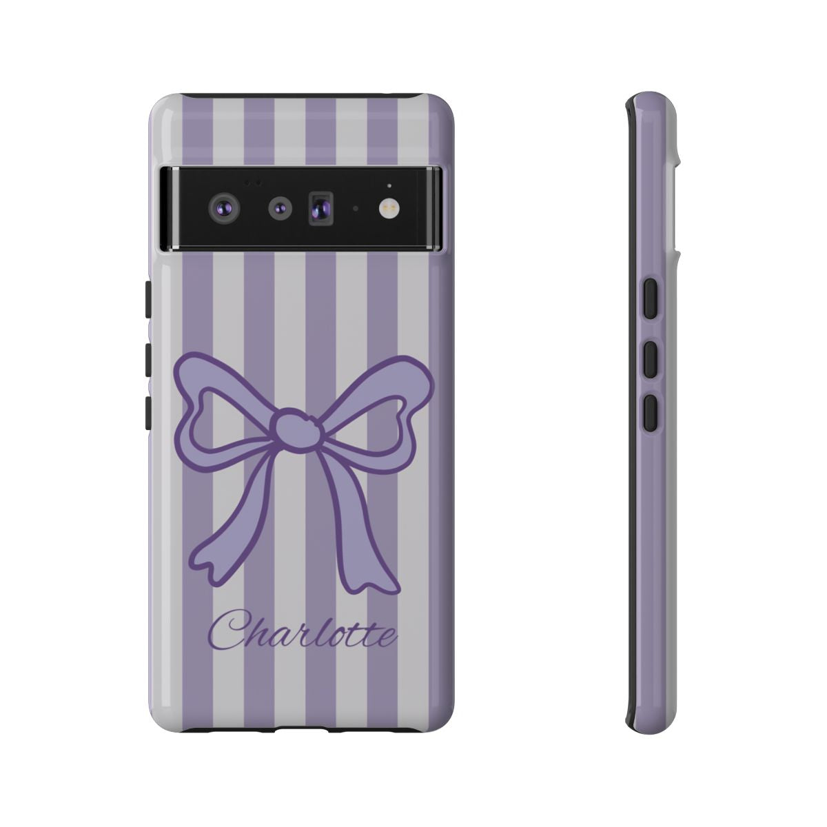 Personalized Lavender Bow Phone Case – Purple Striped Coquette Ribbon Aesthetic
