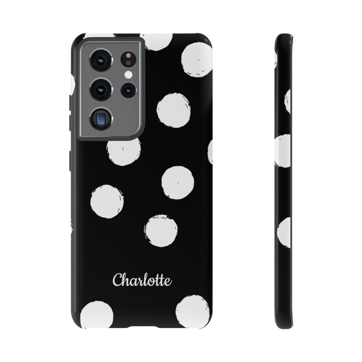 Personalized Black Polka Dot Phone Case – Custom Name Bold Monochrome Aesthetic