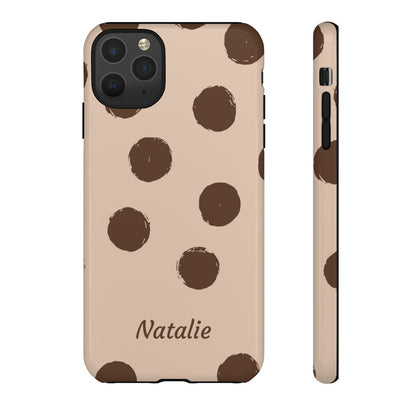 Personalized Brown Polka Dot Phone Case – Custom Name Neutral Boho Aesthetic