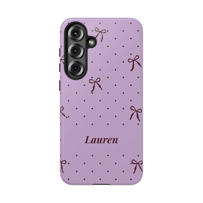 Personalized Lavender Bow Phone Case – Custom Name Polka Dot Coquette Aesthetic