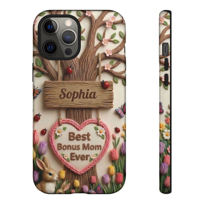 Personalized Bonus Mom Phone Case – Custom Name Clay Spring Garden Aesthetic