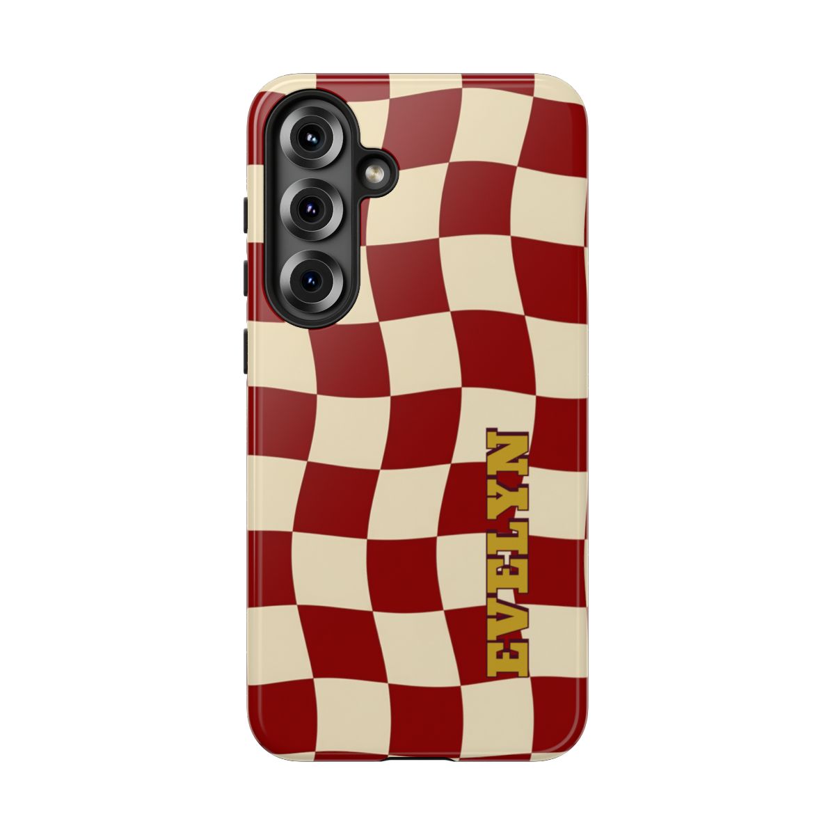 Personalized Burgundy Checkered Phone Case – Custom Name Wavy Retro Aesthetic