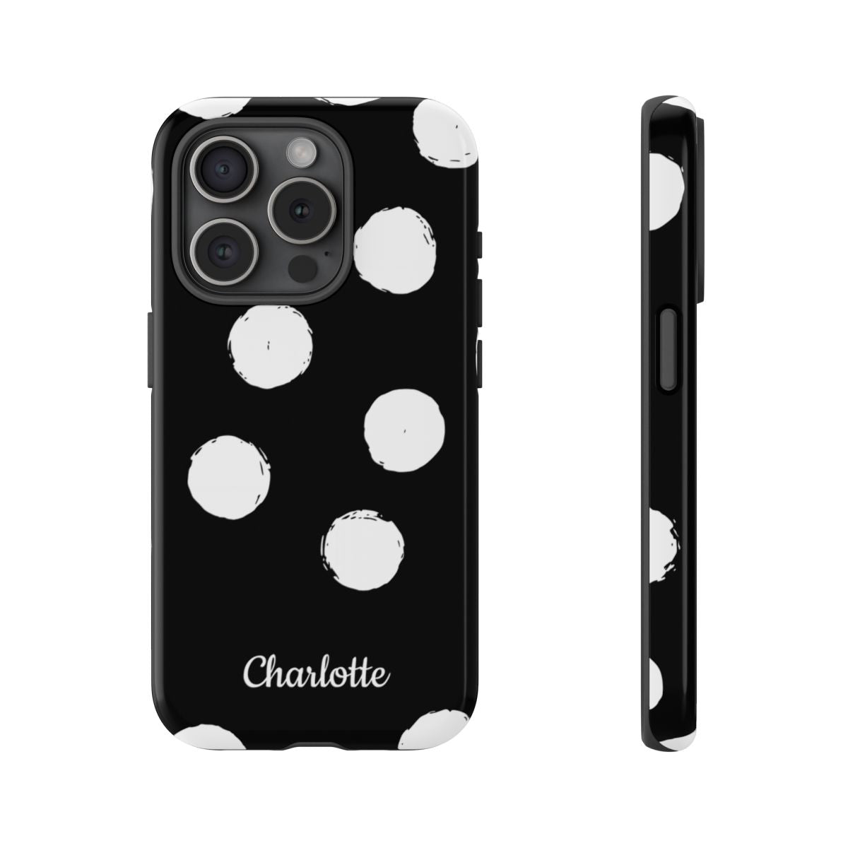Personalized Black Polka Dot Phone Case – Custom Name Bold Monochrome Aesthetic