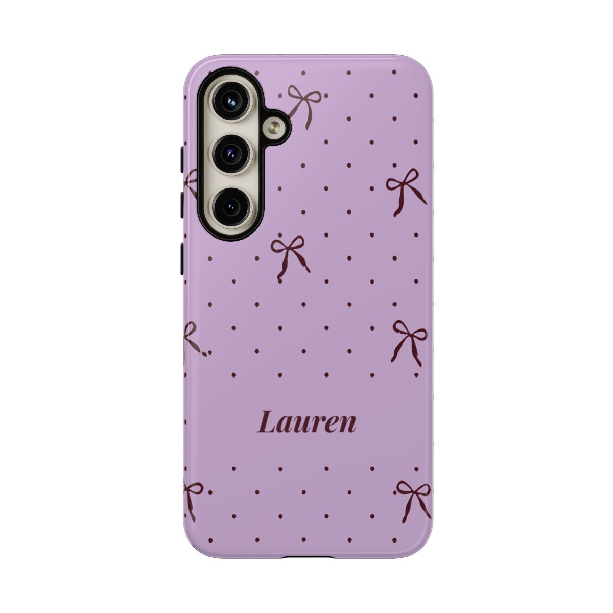 Personalized Lavender Bow Phone Case – Custom Name Polka Dot Coquette Aesthetic