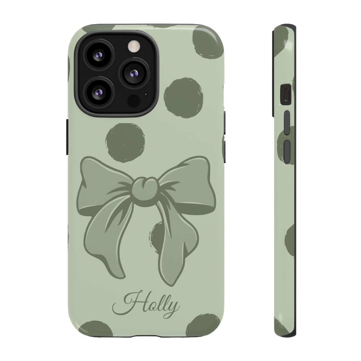 Personalized Sage Green Polka Dot Bow Phone Case – Custom Name Coquette Aesthetic