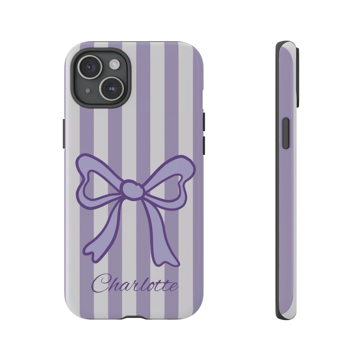 Trendy purple and white vertical striped phone cover featuring a hand-drawn ribbon aesthetic.
