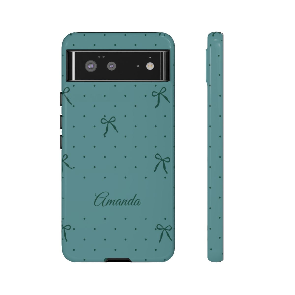 Personalized Teal Bow Phone Case – Custom Name Coquette Polka Dot Aesthetic
