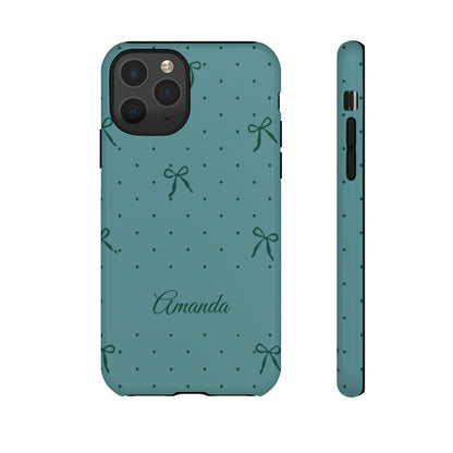 Personalized Teal Bow Phone Case – Custom Name Coquette Polka Dot Aesthetic