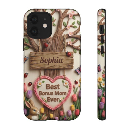 Personalized Bonus Mom Phone Case – Custom Name Clay Spring Garden Aesthetic