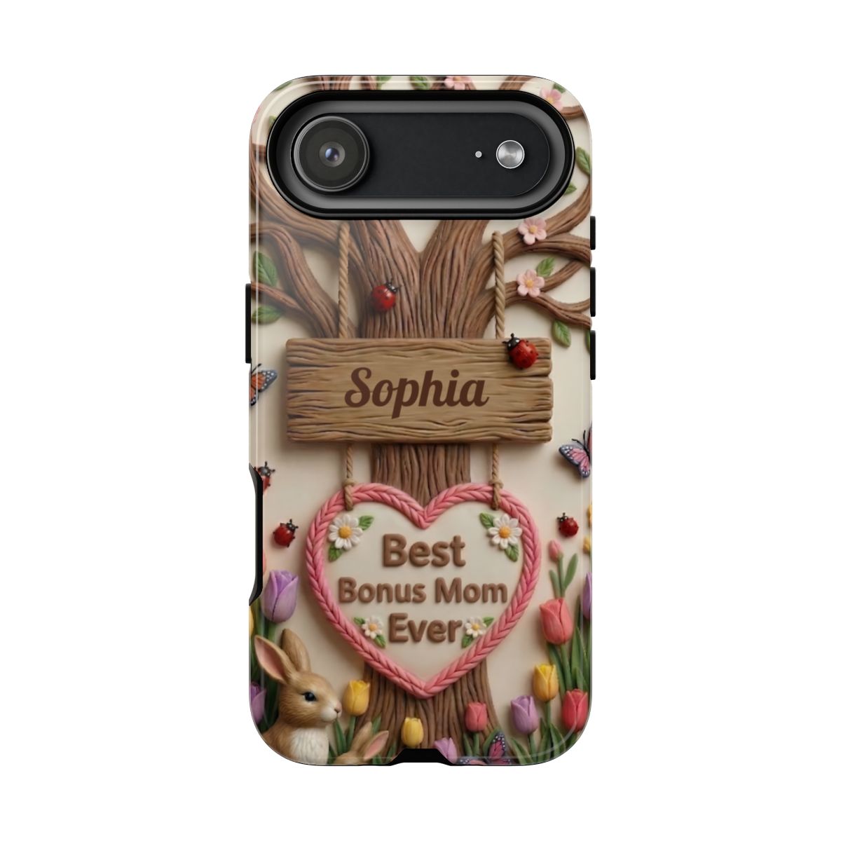 Personalized Bonus Mom Phone Case – Custom Name Clay Spring Garden Aesthetic