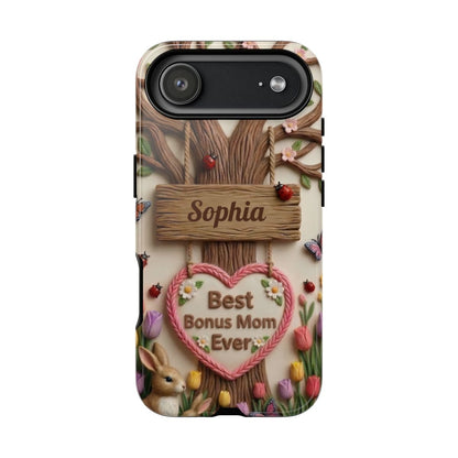 Personalized Bonus Mom Phone Case – Custom Name Clay Spring Garden Aesthetic