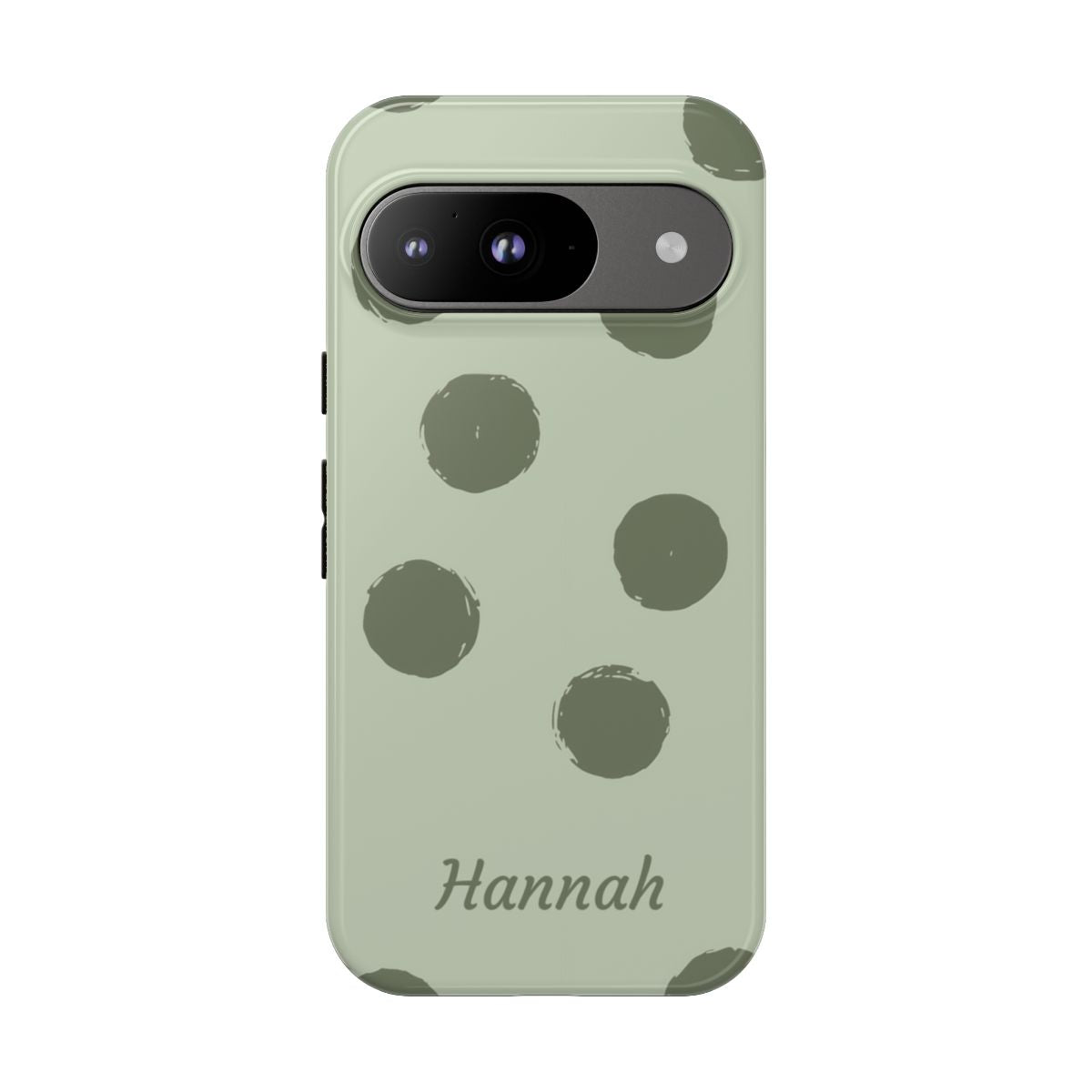 Personalized Sage Green Polka Dot Phone Case – Custom Name Matcha Aesthetic