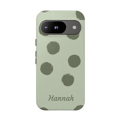 Personalized Sage Green Polka Dot Phone Case – Custom Name Matcha Aesthetic