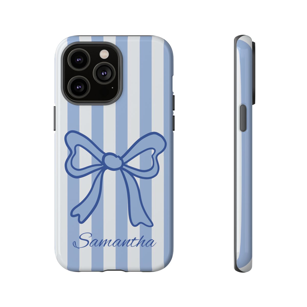 Personalized Coquette Bow Phone Case – Blue Striped Preppy Ribbon Aesthetic