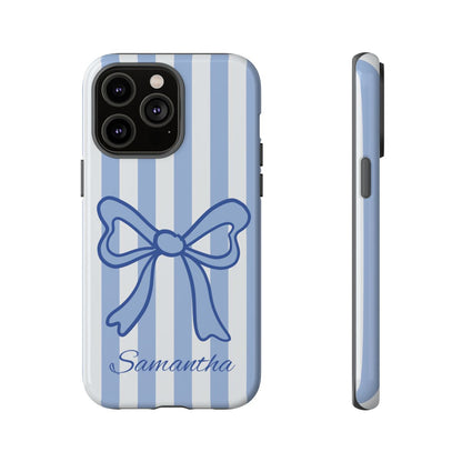 Personalized Coquette Bow Phone Case – Blue Striped Preppy Ribbon Aesthetic