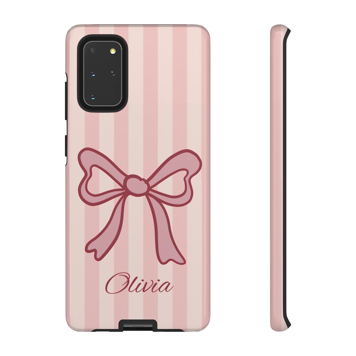 Personalized Pink Bow Phone Case – Soft Pastel Striped Coquette Aesthetic