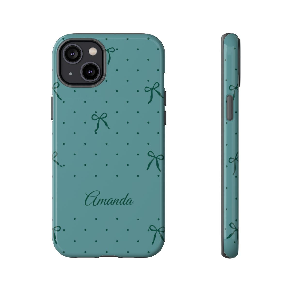 Personalized Teal Bow Phone Case – Custom Name Coquette Polka Dot Aesthetic