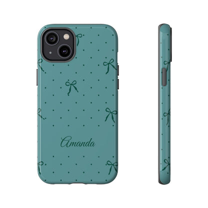 Personalized Teal Bow Phone Case – Custom Name Coquette Polka Dot Aesthetic