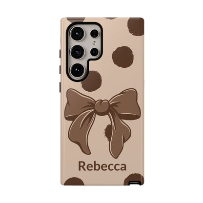 Personalized Brown Polka Dot Bow Phone Case – Custom Name Coquette Retro Aesthetic