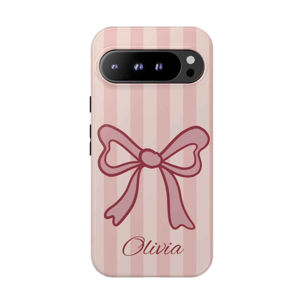 Personalized Pink Bow Phone Case – Soft Pastel Striped Coquette Aesthetic