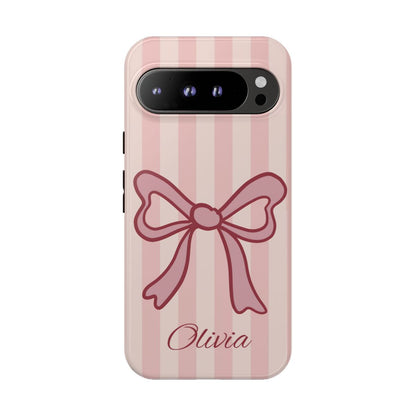 Personalized Pink Bow Phone Case – Soft Pastel Striped Coquette Aesthetic