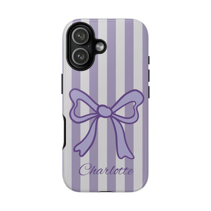 Personalized Lavender Bow Phone Case – Purple Striped Coquette Ribbon Aesthetic