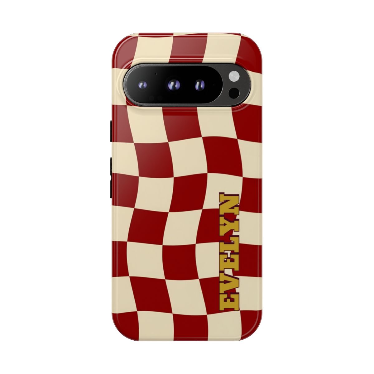 Personalized Burgundy Checkered Phone Case – Custom Name Wavy Retro Aesthetic