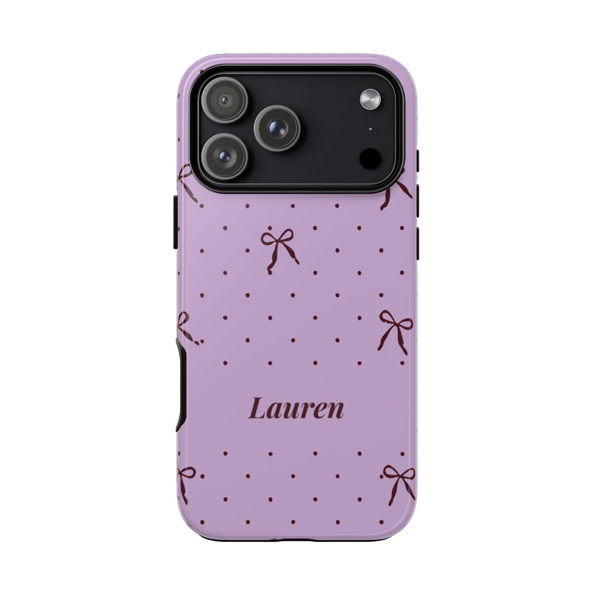Personalized Lavender Bow Phone Case – Custom Name Polka Dot Coquette Aesthetic