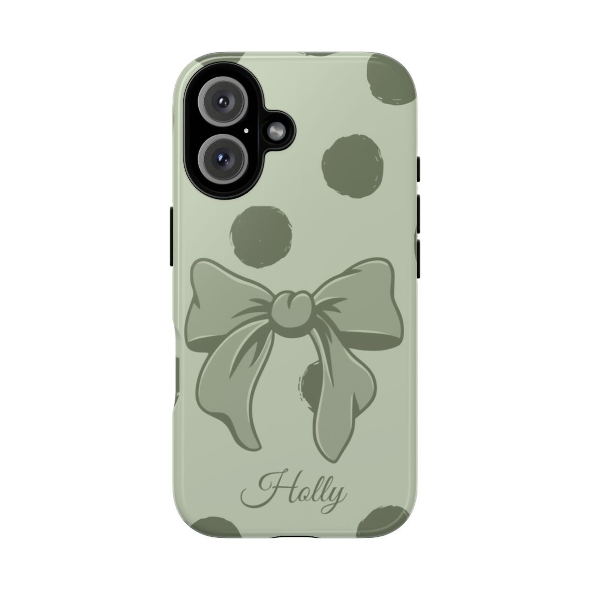 Personalized Sage Green Polka Dot Bow Phone Case – Custom Name Coquette Aesthetic