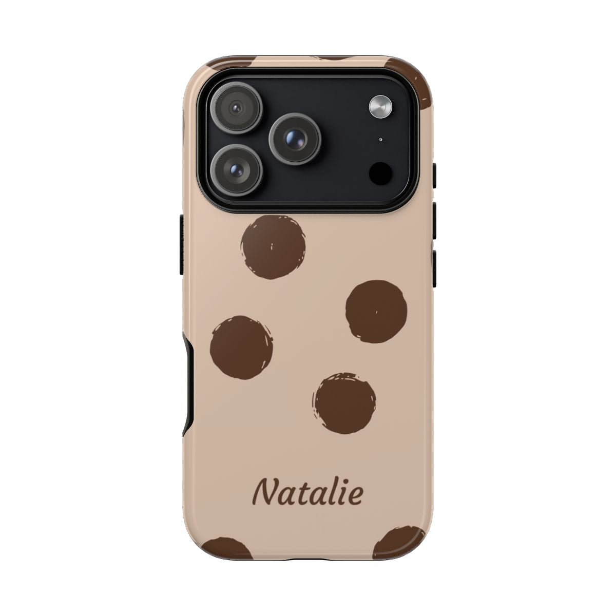 Brown polka dot phone case with custom cursive name on neutral background