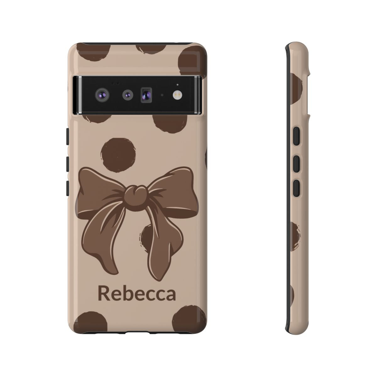 Personalized Brown Polka Dot Bow Phone Case – Custom Name Coquette Retro Aesthetic