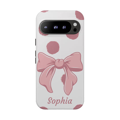 Personalized Pink Polka Dot Bow Phone Case – Custom Name Coquette Aesthetic