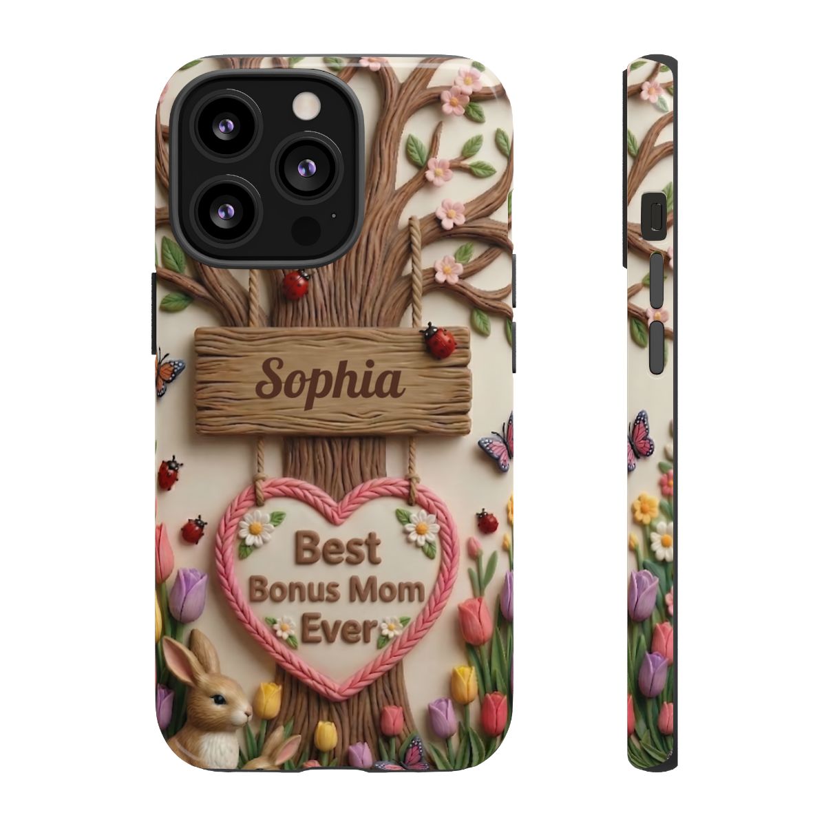 Personalized Bonus Mom Phone Case – Custom Name Clay Spring Garden Aesthetic
