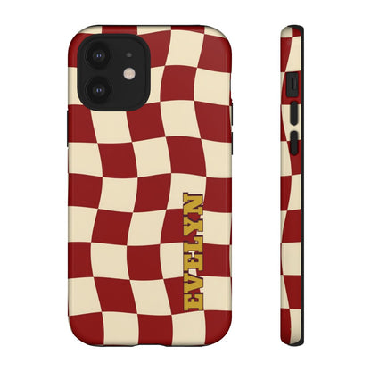 Personalized Burgundy Checkered Phone Case – Custom Name Wavy Retro Aesthetic
