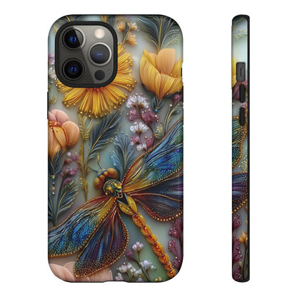 Bohemian style phone cover with a large colorful dragonfly surrounded by golden wildflowers and pearls.