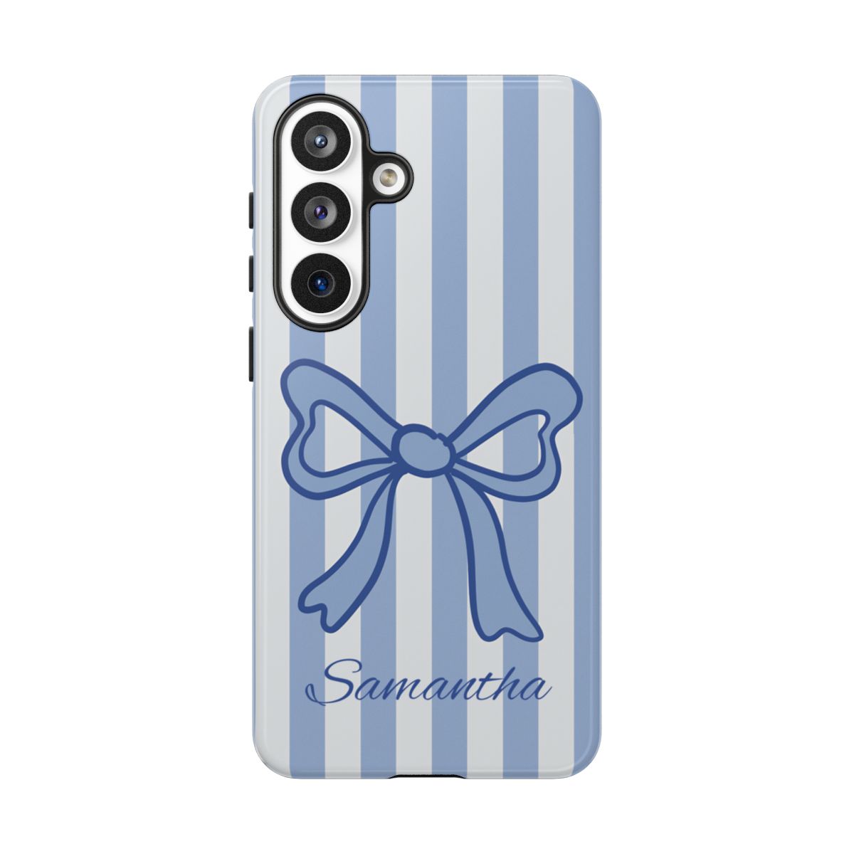 Feminine and stylish personalized gift phone case with a blue bow and vertical stripe pattern.