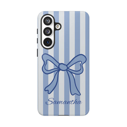 Feminine and stylish personalized gift phone case with a blue bow and vertical stripe pattern.